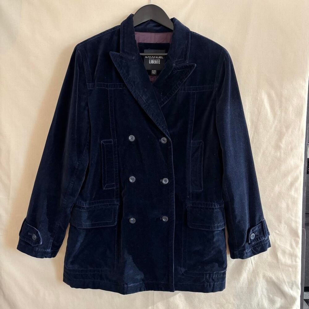 VTG 2000s Emanuel Ungaro Liberté Deep Navy Velvet Double Breasted Coat - Size L